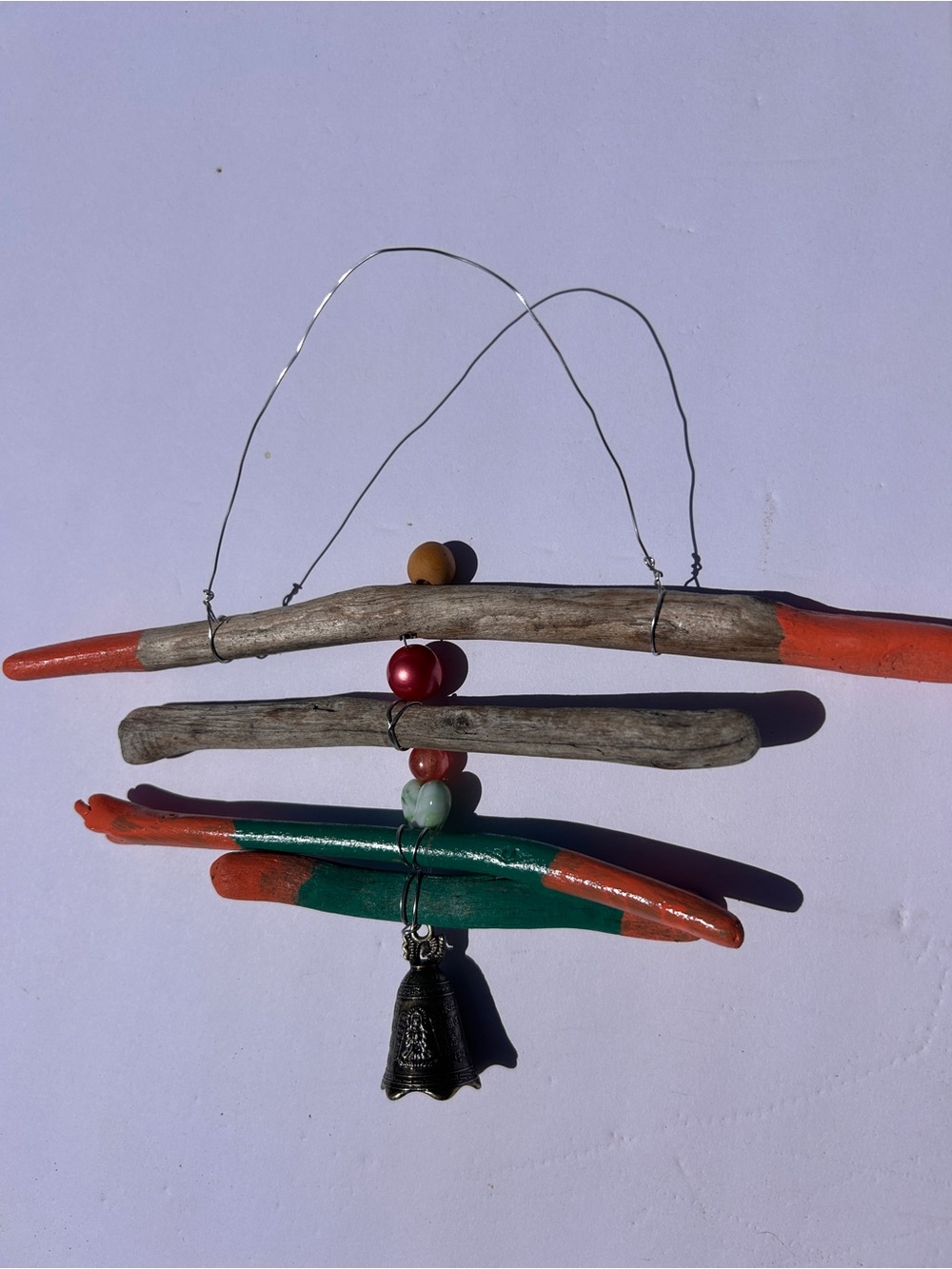 Handmade Driftwood Bell Wall Hanging with Beads - Orange, Green, Natural